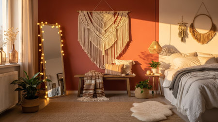 A beautifully styled bohemian bedroom bathed in warm, golden sunlight, featuring a large macrame wall art piece, string lights on a full-length mirror, and soft bedding.の素材