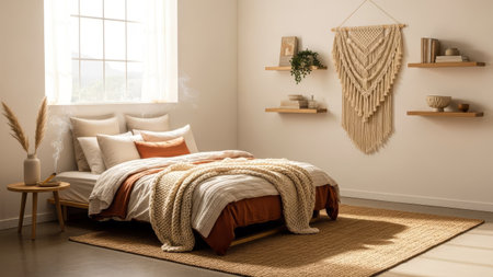 A bright, airy bohemian bedroom showcases a low wooden bed dressed in neutral and terracotta linens, accented by a large macrame wall art piece and floating shelves.の素材