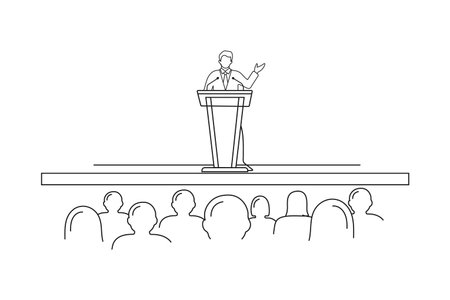 Line illustration of a person delivering a speech to an audience. Ideal for leadership, seminar, or business event graphics.のイラスト素材