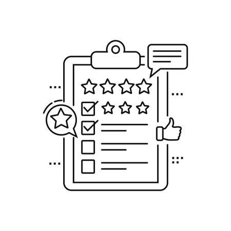 Minimal line art of a business feedback checklist with rating stars and a pointing hand. Perfect for performance review, survey, or evaluation-themed projects.のイラスト素材