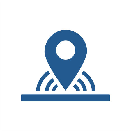 A simple, bold blue graphic icon depicting a standard map location pin centered above a horizontal line from which radiating signal waves emanate, symbolizing GPS or location services connectivity. Thのイラスト素材