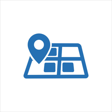 A simple, stylized icon featuring a blue map location pin placed over a simplified grid representing a map. The design is clean and suitable for digital interfaces.のイラスト素材