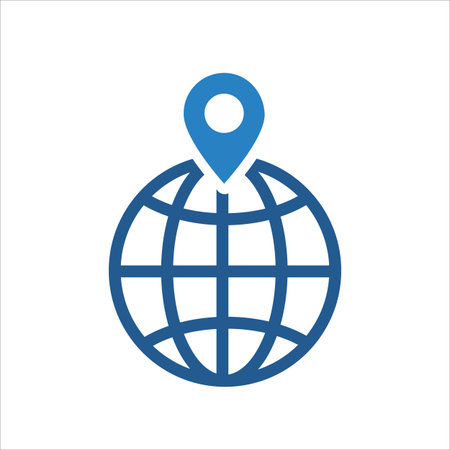 A simple, stylized blue icon depicting a wireframe globe with a map location pin centered on top of it, presented clearly on a pure white background. Represents global positioning or worldwide locationのイラスト素材