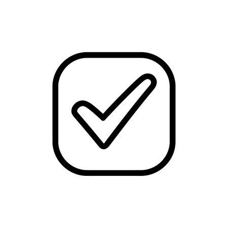 A simple, black outline icon depicting a checkmark inside a rounded square. This universally recognized symbol represents confirmation, success, or selection, presented cleanly against a pure white baのイラスト素材