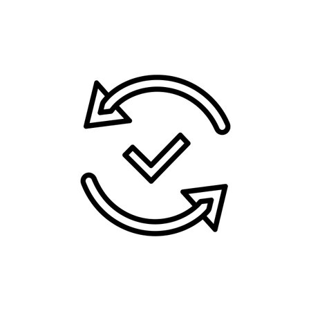 A simple black outline icon depicting two curved arrows forming a circle, with a checkmark symbol positioned in the center, suggesting a successful refresh, update, or synchronization process.のイラスト素材