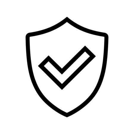 A simple black outline icon depicting a traditional shield shape with a bold checkmark symbol centered within it, often used to signify security, protection, or successful verification.のイラスト素材