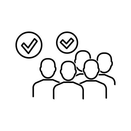 Outline icon depicting a group of five stylized human figures with two checkmarks in circles floating above them, symbolizing team approval, successful verification, or consensus among a group.のイラスト素材