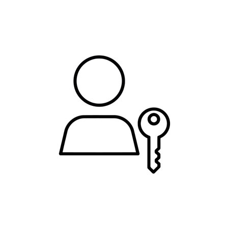 A simple black outline icon depicting a generic user silhouette next to a key, symbolizing account access, login, or security permissions.のイラスト素材