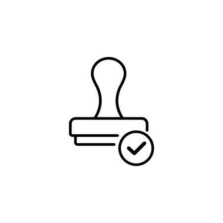 A simple black and white line art icon depicting a traditional rubber stamp next to a circle containing a checkmark, symbolizing approval or verification. The image is set against a pure white backgroundのイラスト素材