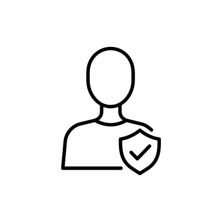 A simple black outline icon depicting a generic person or user silhouette with a shield featuring a checkmark overlaid on the chest area, symbolizing user security, verified status, or account protectionのイラスト素材