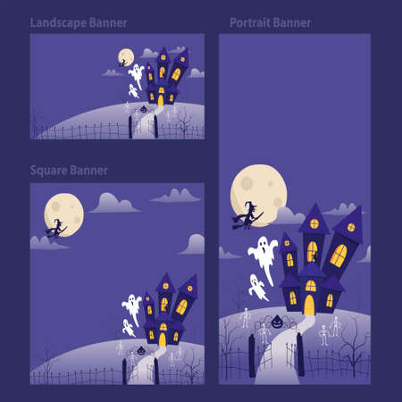 Halloween banner template vertical horizontal and square background with ghost, haunted house and full moon. Banner Ads, Flyer, invitation card background for Halloween event. Vector illustration.のイラスト素材