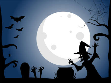 Halloween background, Witches spells, Full moon shine,  blue background, vector illustrationのイラスト素材