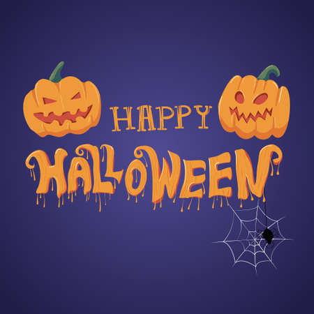 Happy Halloween vector lettering with pumpkin, calligraphy, spider and web for banner, poster, greeting card, party invitation, Isolated illustration, Vectorのイラスト素材