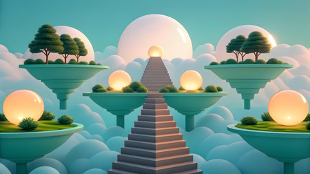 A surreal landscape features teal floating islands with green grassy tops and small trees. A central gray stone stairway ascends towards a large white orb in the sky, flanked by smaller glowing orange orbs. The scene is set against a pastel blue sky with soft white clouds.の素材