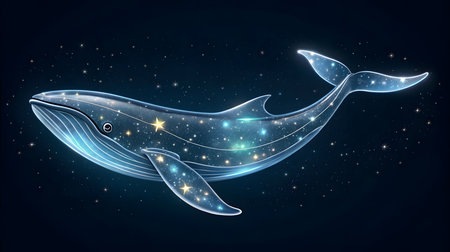 A luminous blue whale silhouette floats against a dark, star-filled night sky. The whale's body is filled with a swirling nebula of blues and greens, interspersed with sparkling yellow stars and constellations. Delicate white lines outline the whale's form and suggest its internal structure. The overall mood is one of cosmic wonder and ethereal beauty.の素材
