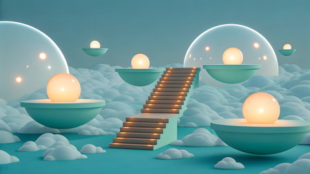 A surreal digital scene depicts floating teal platforms in a soft blue sky filled with fluffy white clouds. Each platform supports a glowing orange orb, emitting a warm light. A central staircase, also illuminated from below, ascends between the platforms, suggesting a pathway or journey. Large, translucent domes with internal lights are visible in the background.の素材