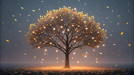A solitary tree with a dark trunk and branches is covered in luminous golden leaves and glowing orbs of light. Numerous small, bright orbs and golden leaf shapes float in the dark, hazy background. The base of the tree is illuminated by a warm, golden glow, casting shadows on the ground.の素材