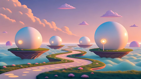 A surreal landscape features floating islands with large, glowing white orbs. A winding, light-colored path with circular patterns meanders through lush green grass dotted with pink flowers. The islands are suspended above a misty, light blue expanse. The sky is a gradient of pastel pinks and blues, with soft, fluffy clouds.の素材