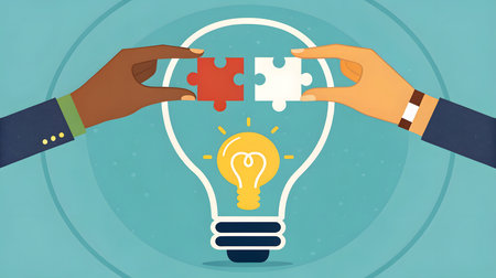 Two hands, one with darker skin and the other with lighter skin, are shown connecting puzzle pieces inside a stylized lightbulb. The left hand holds a red puzzle piece, and the right hand holds a white puzzle piece, with both pieces poised to join. A yellow lightbulb with a glowing filament is depicted within the outline of the larger lightbulb. The background is a teal blue with subtle circular patterns and small white dots.の素材