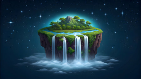 A lush green floating island with trees and a small lake is depicted against a dark blue starry night sky. Waterfalls cascade from the island's edges, disappearing into soft white clouds below. The scene has a dreamlike and ethereal quality.の素材