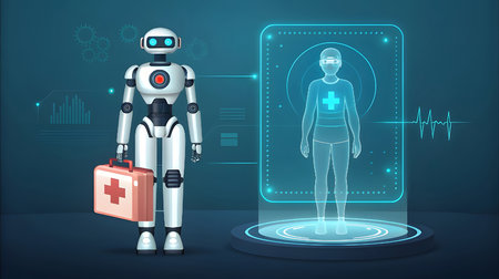 A white humanoid robot with blue eyes and a red circular light on its chest stands on the left. It holds a light red medical bag with a red cross symbol. To the right, a holographic projection of a human figure is displayed within a blue glowing frame, showing a blue cross on its chest. The background is a dark blue gradient with subtle graphical elements like charts and molecular structures.の素材