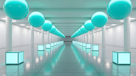 A long, symmetrical corridor with a reflective floor and white walls. Rows of glowing turquoise cubes line the floor on either side. Large, smooth turquoise spheres are suspended from the ceiling, also arranged in symmetrical rows extending into the distance. The overall color palette is dominated by shades of turquoise and white, creating a clean, futuristic, and somewhat abstract atmosphere.の素材