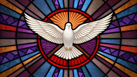 A white dove with outstretched wings is centered against a vibrant stained glass window. The window features a radiating pattern of geometric shapes in shades of purple, blue, orange, and red, outlined in black. A red circle surrounds the dove, with orange rays emanating from behind its head.の素材