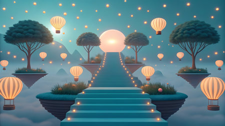 A surreal landscape features floating islands with trees and grass. Hot air balloons with glowing orange lights drift through a misty blue sky dotted with many small yellow lights. A wide staircase leads upwards towards a large glowing orb.の素材