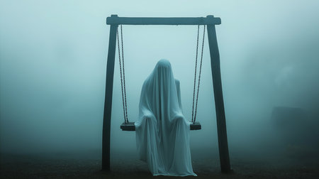 A chilling monochrome image captures a ghostly figure draped in a white sheet, seated alone on a swing set. Bathed in mist and fog, the eerie scene evokes a sense of solitude and loneliness. The phantom's silhouette against the foggy landscape creates a haunting atmosphere, perfect for themes of Halloween, horror, and the supernatural. Ideal for projects exploring fear, creepy visuals, or mysterious and melancholic emotions.の素材
