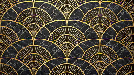 A seamless pattern featuring stylized gold fan shapes arranged in a repeating geometric design. The fans are outlined in thin gold lines and filled with radiating gold rays. They are set against a dark, textured background resembling black marble with white veining. The overall effect is luxurious and reminiscent of Art Deco aesthetics.の素材