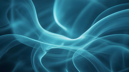 Abstract composition featuring flowing waves of glowing cyan vapor against a dark blue background. The vapor exhibits soft, translucent layers and smooth, organic curves, creating a sense of depth and ethereal movement.の素材