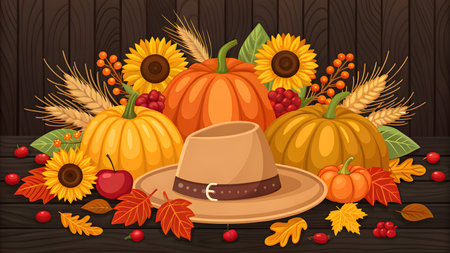 A flat illustration depicts an autumn harvest scene against a dark wooden plank background. In the foreground, a light brown fedora-style hat with a dark band and silver buckle sits prominently. Surrounding the hat are various elements of the fall harvest including large orange and yellow pumpkins, bright yellow sunflowers, stalks of wheat, red berries, and colorful autumn leaves in shades of red, orange, and yellow. Small red apples and scattered red berries add pops of color to the composition.の素材