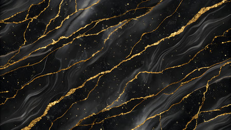 A dark black marble texture with prominent, irregular gold veins running diagonally across the frame. Fine gold glitter particles are scattered throughout the black areas, adding a sparkling effect. Swirls of lighter grey and white are subtly visible within the black marble, creating depth and a fluid appearance.の素材