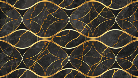 A seamless pattern featuring a dark black marble texture with intricate, thin gold veins. Overlaying the marble is a repeating geometric design of flowing, curved gold lines that create an art deco-inspired motif. The gold lines form oval shapes and interweaving curves against the dark, textured background.の素材