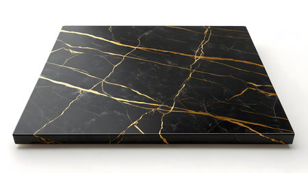 A square slab of deep black marble with intricate, thin gold veins running across its surface. The marble has a smooth, polished finish, reflecting light. The gold veining creates a striking contrast against the dark stone, forming a complex, organic pattern. The slab is presented on a plain white background, emphasizing its texture and color.の素材