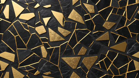 Mosaic showing black marble and gold shards irregular mosaic pattern. High resolution image suitable for commercial use. Clear details and vibrant colors enhance visual appeal.の素材