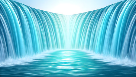 A close-up view of a waterfall with cascading streams of aqua and blue water. The water flows downwards in smooth ribbons, creating a sense of gentle motion. The surface of the water below is rippled and reflects the light, with white foam at the base of the cascade. The background is a soft, bright gradient of light blue.の素材