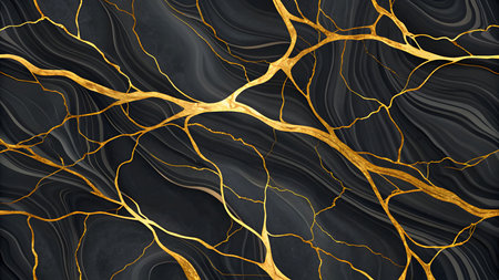 A dark, textured background with swirling patterns resembling black marble. Thin, bright gold lines branch and crack across the surface, creating an intricate, vein-like network. The gold appears to be flowing and smooth, contrasting with the darker, wavy base.の素材