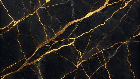 A close-up view of a black marble surface with intricate, abstract veins of gold running through it. The gold lines vary in thickness and form a complex network across the dark, polished stone.の素材