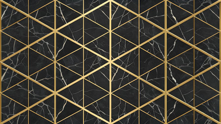 A seamless pattern featuring a dark black marble texture with white veining overlaid by a precise geometric network of thin gold lines forming triangles and hexagons. The composition is symmetrical and creates a luxurious, modern aesthetic.の素材