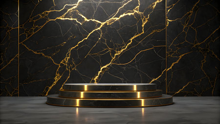 A three-tiered circular podium with a dark marble finish and gold accents sits on a grey concrete floor. The background is a dark marble wall with prominent, irregular gold veins. The podium and background are illuminated with a warm, soft glow.の素材
