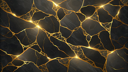 A dark, textured surface resembling black marble is overlaid with intricate, glowing gold veins. The gold lines form a complex network of cracks and fissures across the dark background, with some areas of the gold appearing brighter and more luminous than others. Small, subtle flecks of light or glitter are scattered across the surface.の素材
