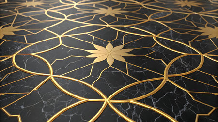 A close-up view of a black marble surface with a repeating geometric pattern inlaid with gold. The pattern features stylized floral elements and interconnected lines creating a sense of depth and complexity. The marble has subtle white veining, contrasting with the polished gold accents.の素材