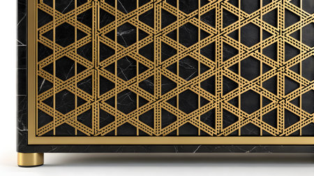 A close-up view of a black marble surface with a detailed gold geometric lattice pattern overlay. The lattice is composed of interwoven lines forming triangular and hexagonal shapes. A thin gold border frames the lattice. The marble has subtle white veining. The bottom of the object features a gold cylindrical leg.の素材
