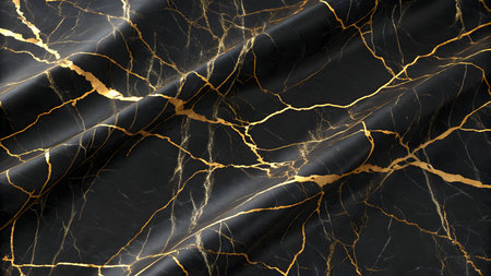 A close-up view of a black marble surface with intricate, irregular veins of shimmering gold running through it. The texture shows folds and creases, creating a dynamic and luxurious appearance.の素材