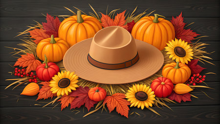 A flat lay arrangement features a tan fedora hat at the center, surrounded by various pumpkins, red berries, sunflowers, and autumn leaves. The scene is set against a dark wooden plank background, with dried grass and straw scattered throughout. The colors are rich and warm, evoking a sense of the fall season.の素材