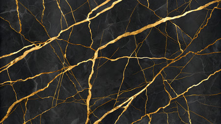 A close-up view of a black marble surface with intricate, irregular veins of gold running through it. The dark grey and black base of the marble has subtle lighter grey variations, creating a natural, textured appearance. The gold veins are bright and metallic, contrasting sharply with the dark stone.の素材