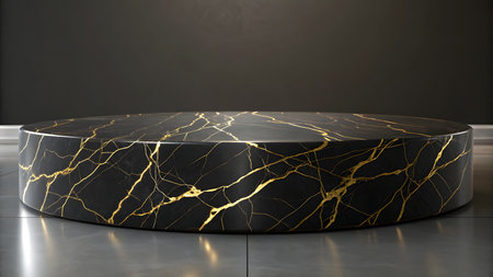 A round, matte black marble podium with intricate gold veining is positioned on a reflective grey floor. The background is a dark, solid color wall. The lighting creates subtle highlights on the marble surface and reflections on the floor.の素材