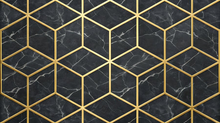 A seamless geometric pattern featuring a dark black marble texture with white veins. Thin, continuous gold lines form a repeating hexagonal and cubic grid over the marble surface. The composition is abstract and symmetrical.の素材