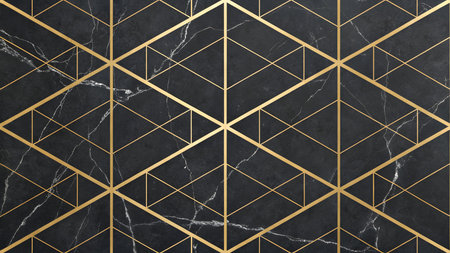A seamless geometric pattern featuring thin gold lines overlaid on a black marble texture. The gold lines form a repeating hexagonal and triangular grid. The marble background has natural white veining, creating a luxurious and abstract visual.の素材